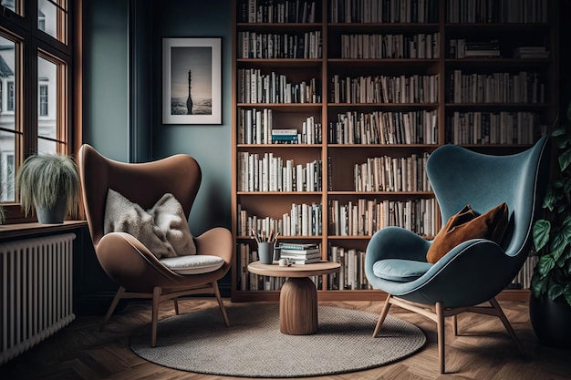 Scandinatian home library with cozy armchairs and bookshelves