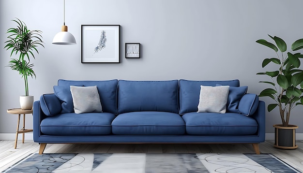 Scandinavian Apartment Interior Dark Blue Sofa and Recliner Chair in Modern Living Room