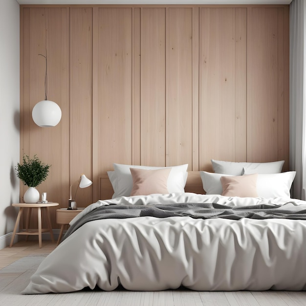 Scandinavian bedroom close up paneled wall mock up 3d render