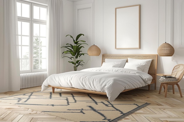 Scandinavian Bedroom Light wood flooring cozy textiles platform bed with upholstered headboard