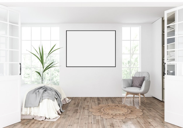 Scandinavian bedroom with empty horizontal frame, artwork display