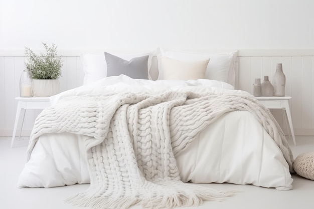 Scandinavian bedroom with white interior adorned bed and floor with merino wool plaid and chunky kni