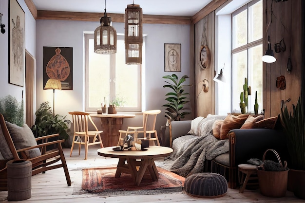 Scandinavian boho living room with vintage lighting fixtures and rustic wooden furniture