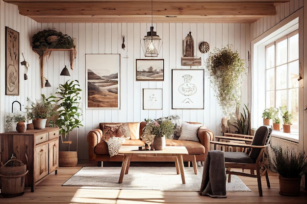 Scandinavian boho living room with vintage lighting fixtures and rustic wooden furniture