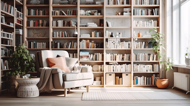 Scandinavian bookcase with armchair in modern cozy interior of room Home library with book shelf Generative Ai