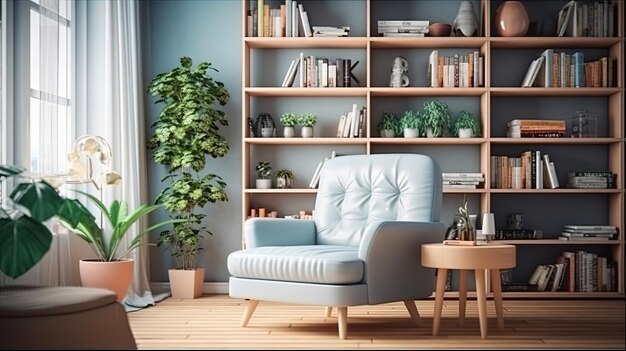 Scandinavian bookcase with armchair in modern cozy interior of room Home library with book shelf Generative AI