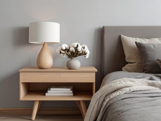 Photo scandinavian captured in nightstand setup with lamp and flower creating peaceful bedroom atmosphere