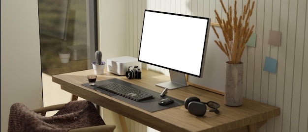 Scandinavian cozy home workstation interior with computer mockup on wood table over white plank wall