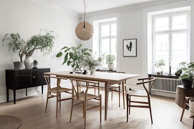 Photo scandinavian dining room with minimalistic furniture white walls and a playful floral centerpiece