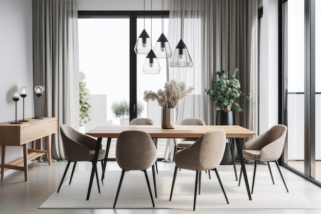 Scandinavian dining room with sleek modern table and chairs set against clean minimalist d