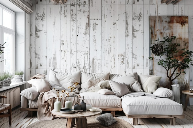 Scandinavian farmhouse living room interior wall mockup 3d render