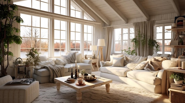 Scandinavian farmhouse living room interior with natural wooden furniture and modern minimalist accent 3D render illustration Generative Ai