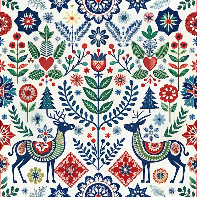 Photo scandinavian folk patterns featuring colorful floral designs and reindeer in a festive arrangement g