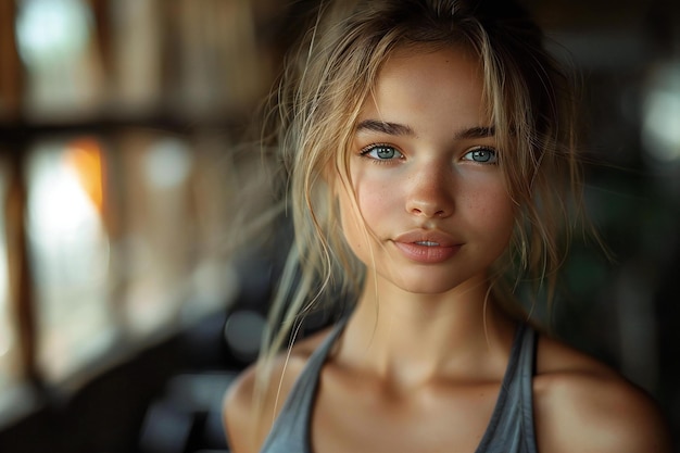 Scandinavian girl in yoga wear at the gym smooth light