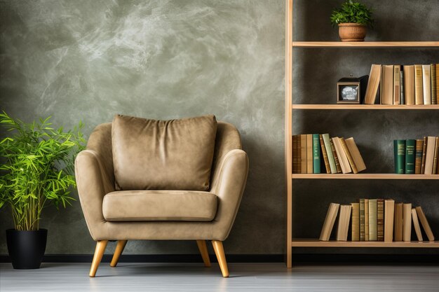 Scandinavian Green Living Room Sofa Chair Bookshelf and Greenery Against Green Wall