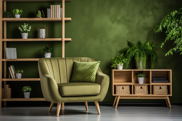 Scandinavian Green Sofa Chair and Bookshelf Modern Living Room Design with Greenery