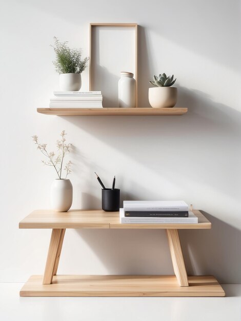 scandinavian home decor of interior with creative wooden desk minimalist bookstand