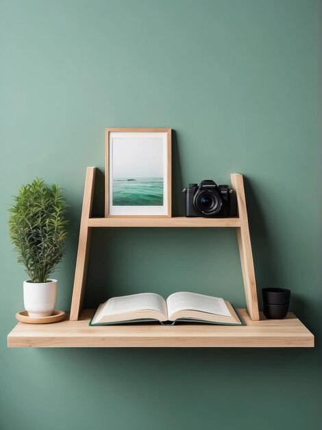 Photo scandinavian home decor of interior with creative wooden desk minimalist bookstand