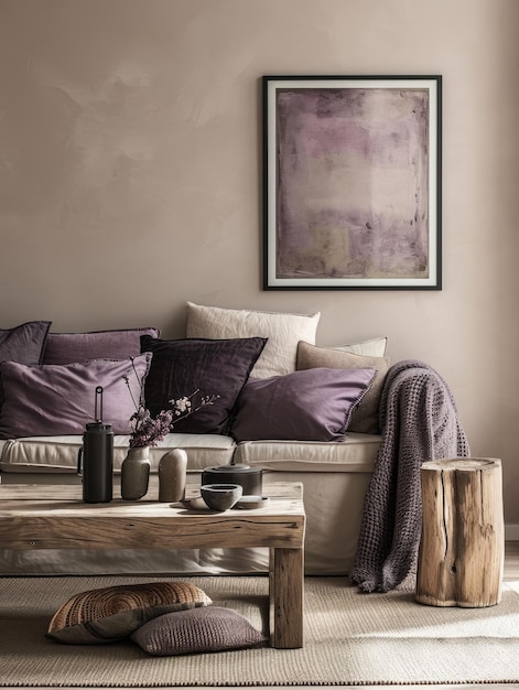 Scandinavian Home Interior with Rustic Sofa Wooden Coffee Table and Violet Pillows