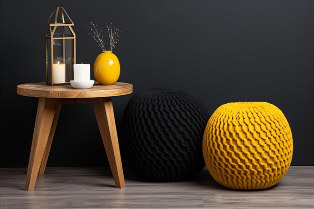 Scandinavian home interior with two knitted poufs and dark blue corner sofa in modern living room