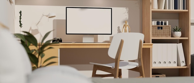 Scandinavian home working space interior design with PC computer desktop mockup on wood table