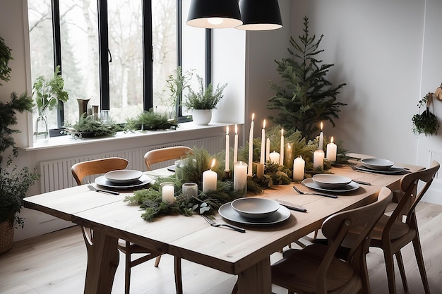 Scandinavian Hygge Dining Table with Candles and Greenery