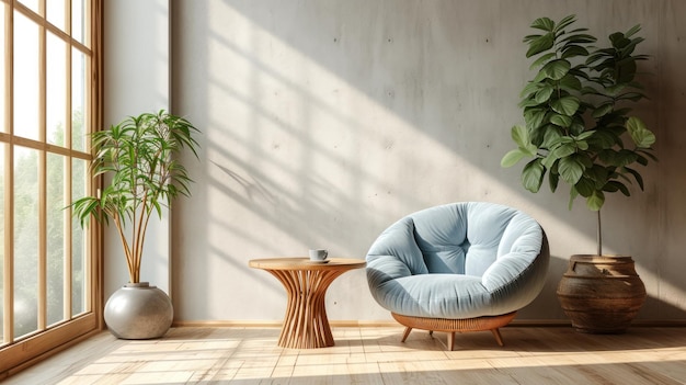 Scandinavian inspired living room featuring a serene light blue armchair and a rustic wooden table