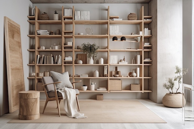 Scandinavian inspired modern interior design with shelves and chairs Makeshift wall