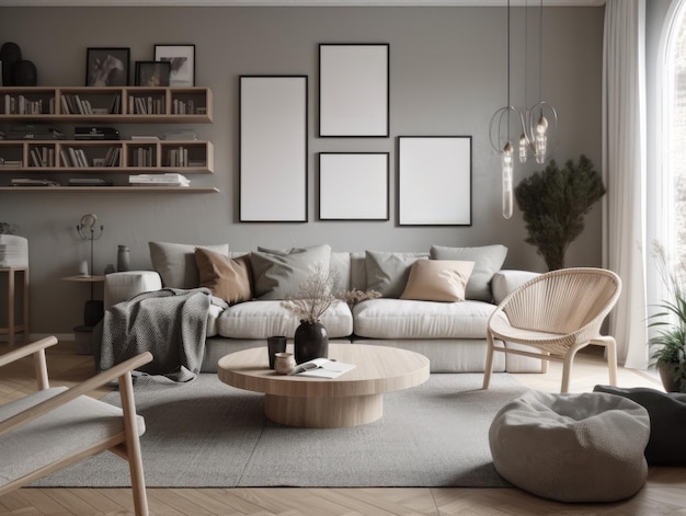 Scandinavian interior design living room with large window Generative AI