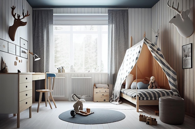 Scandinavian interior design of playroom with wooden cabinet