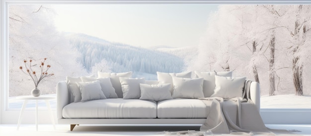 Scandinavian interior design of white living room featuring a sofa and a winter landscape seen through the window presented in a illustration