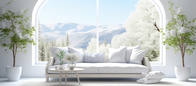 Scandinavian interior design with white living room sofa and summer landscape viewed through window