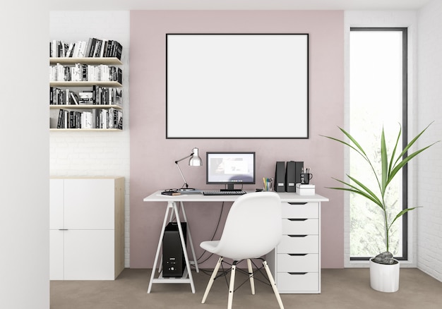 Scandinavian interior with empty horizontal blank photo frame or artwork frame