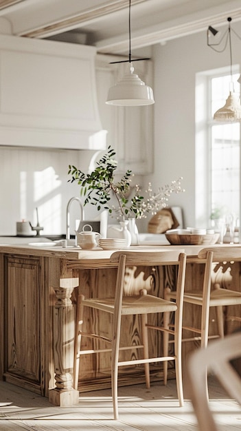 Photo scandinavian kitchen with natural wood accents and simple design