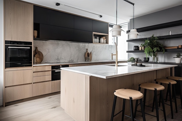 Scandinavian kitchen with sleek cabinets sleek countertops and modern appliances created with generative ai