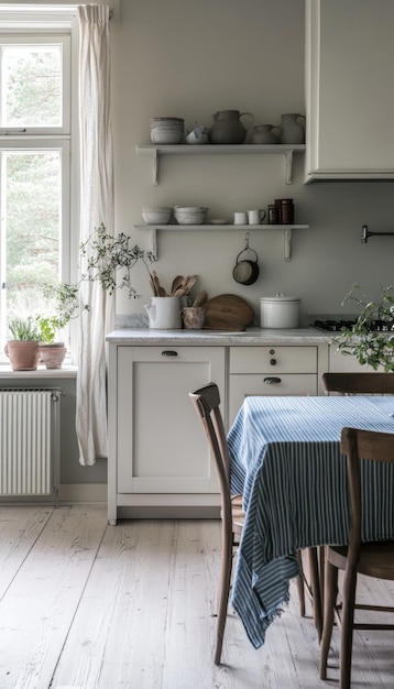 Photo scandinavian kitchen with white cabinets and wooden floor