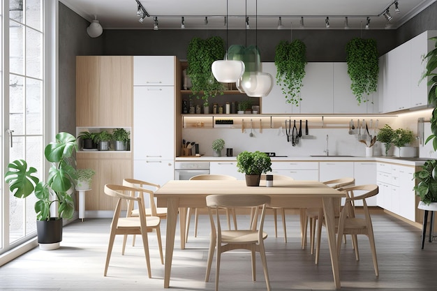 Scandinavian kitchen with wooden and white details Minimalist interior design Generative AI illustration