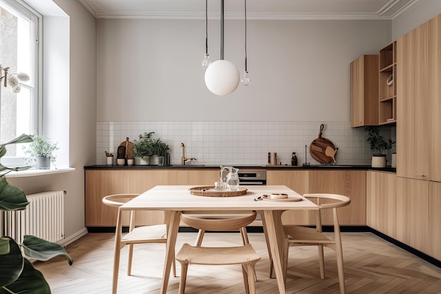 Scandinavian kitchen with wooden and white details Minimalist interior design Generative AI