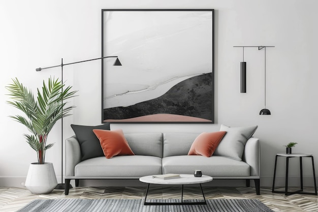 Scandinavian living room interior with modern poster frame mockup in highquality setting