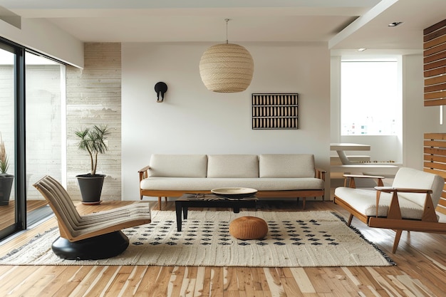 Scandinavian Living Room Light wood flooring white walls midcentury modern furniture geometric rug