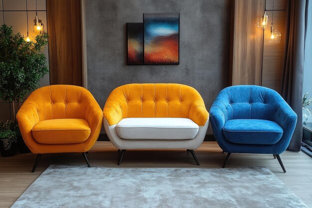 Photo scandinavian living room modern orange blue armchairs white sofa and wooden cabinet design