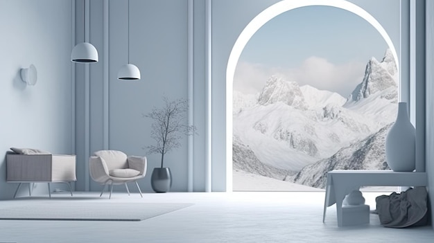 Scandinavian living room white furniture minimal accents winter forest outside AI generative