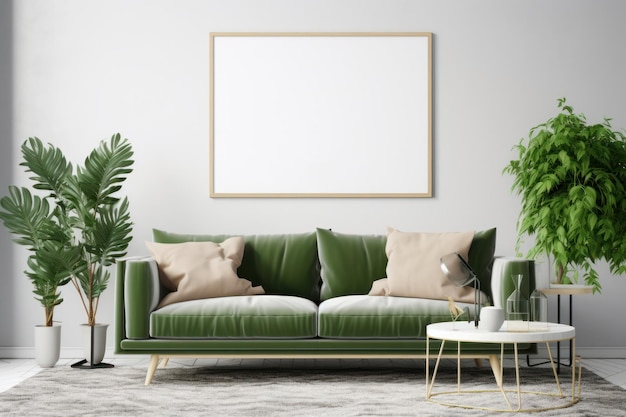 Scandinavian living room with blank poster frame beige sofa and green plant