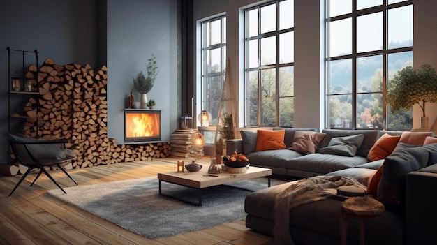 A Scandinavian living room with a cozy fireplace adorned with stacked firewood inviting you to cur