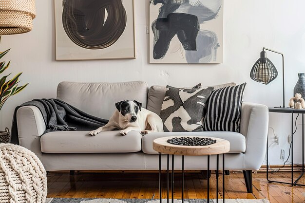 Photo scandinavian living room with gray sofa and abstract paintings