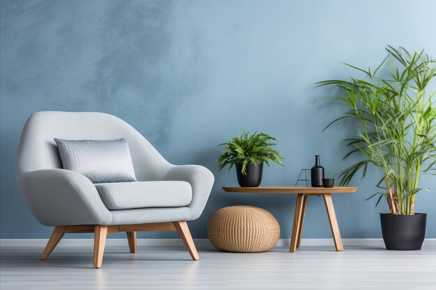 Scandinavian Living Room with Green Sofa Chair Bookshelf and Lush Greenery against the Wall