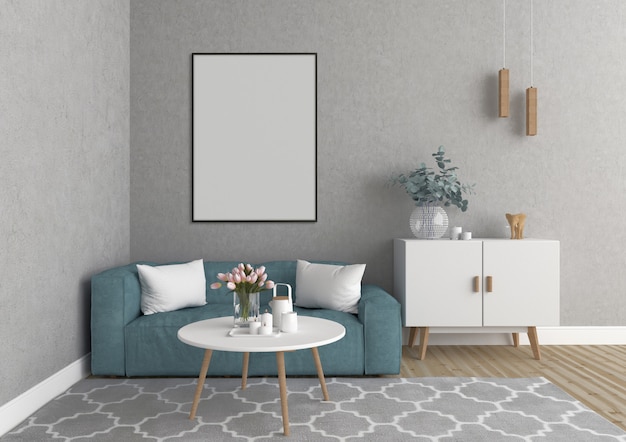 Scandinavian living room with vertical frame, artwork background, interior mockup