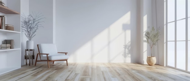 a Scandinavian living room with white empty wall mockup wooden floors minimalist decor book shelf