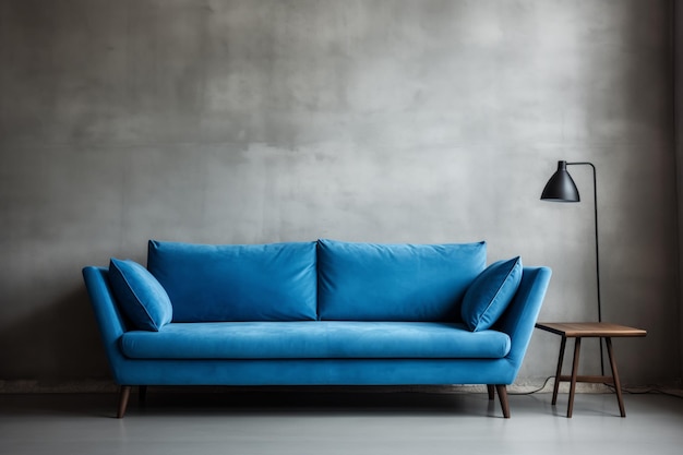 Scandinavian Loft Home with Blue Sofa Against Concrete Wall