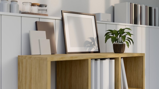 Scandinavian minimal living room interior closeup An empty frame mockup on a wooden bookcase